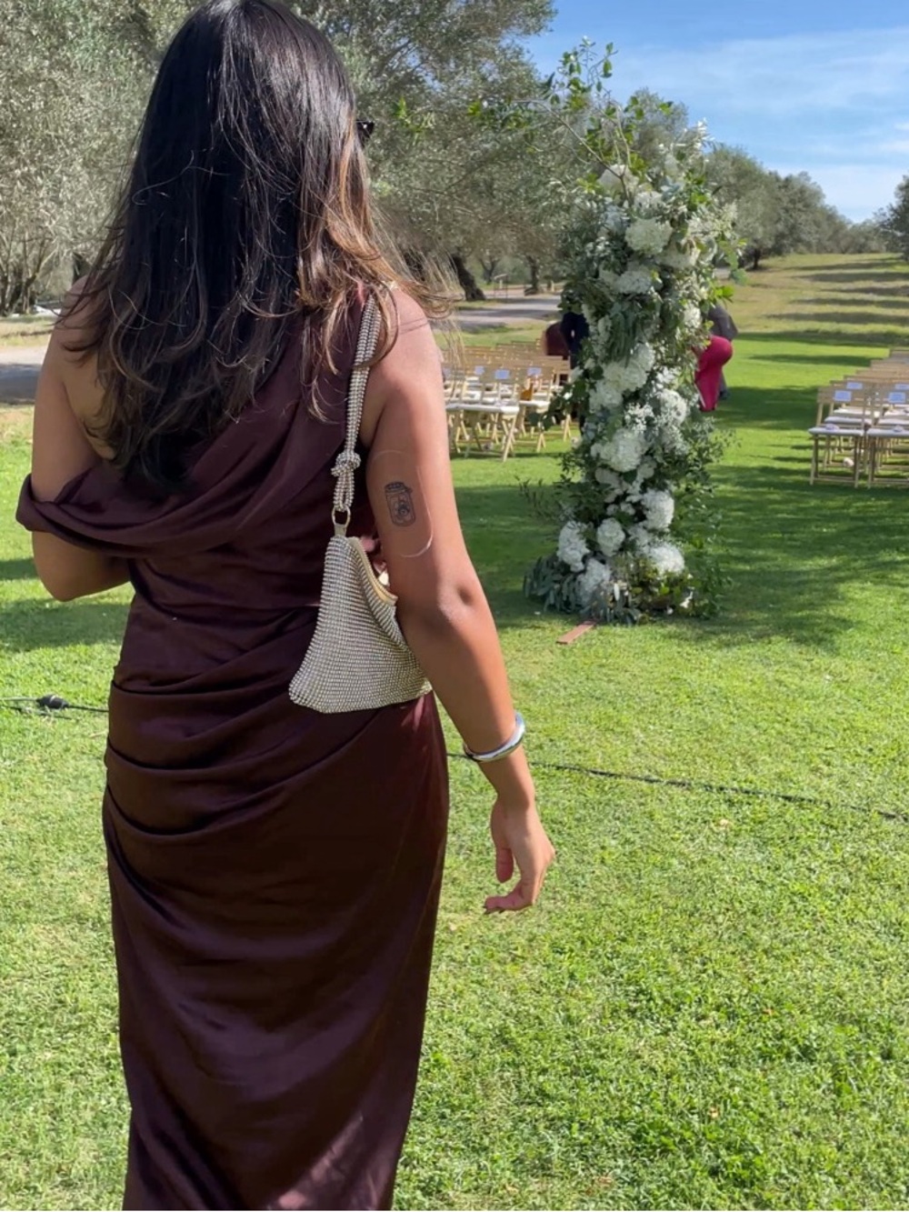 NWT Meshki Dalia Off Shoulder Satin Maxi Dress - Dark Chocolate - Picture 4 of 5